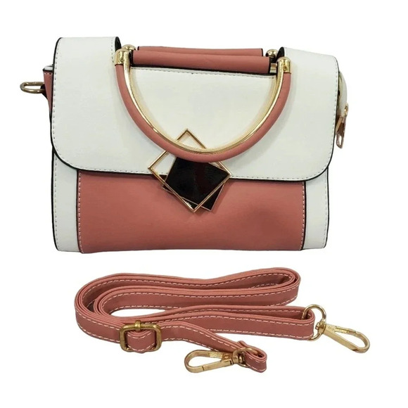 Rose and White Two-Tone Cross Body Purse With Golden Accents, Adjustable Strap - Picture 1 of 8